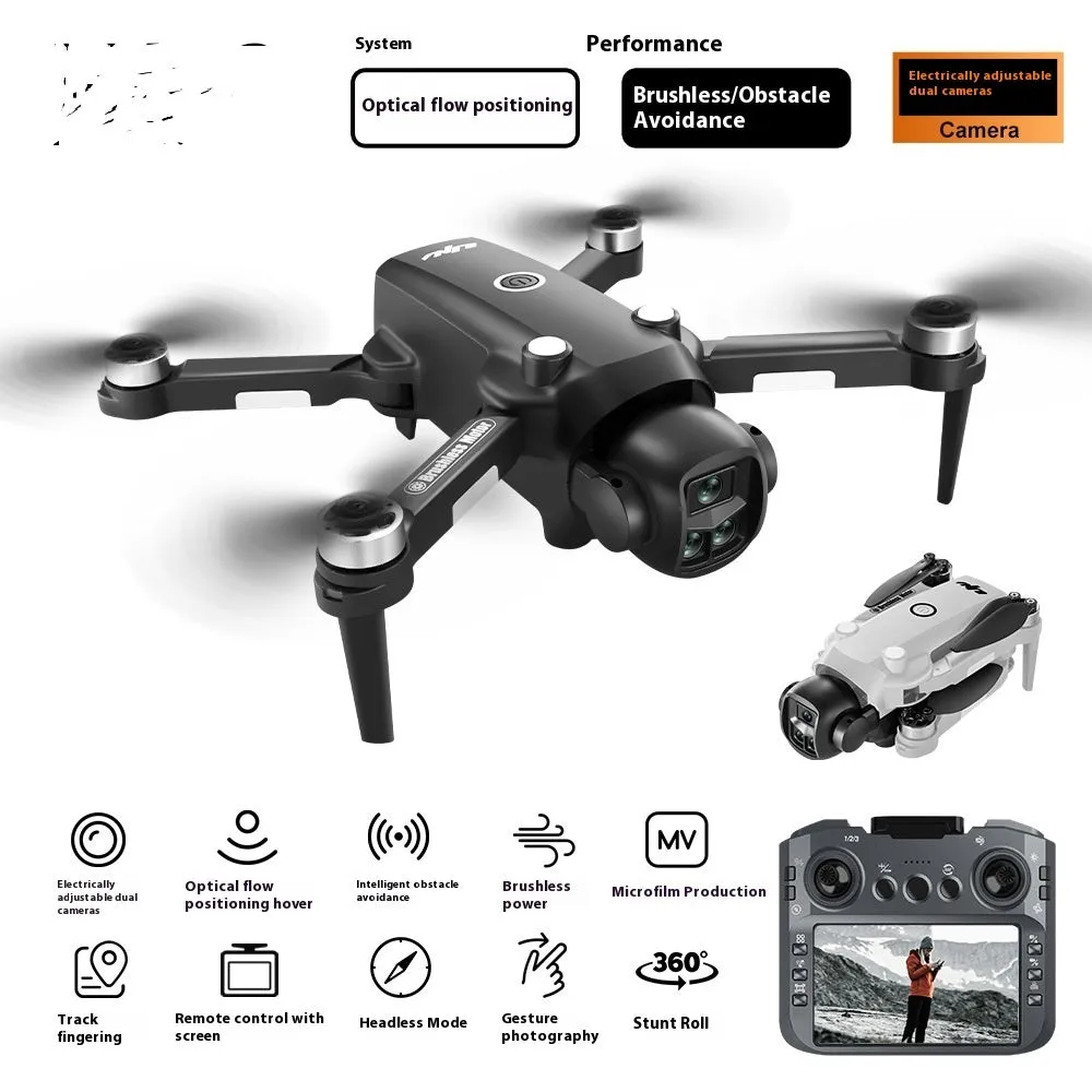 Black HD aerial photography drone with built-in screen and brushless motor on white background
