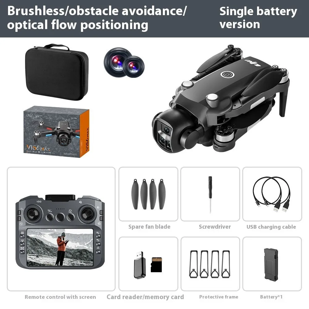 Black HD aerial photography drone with built-in screen and brushless motor on white background