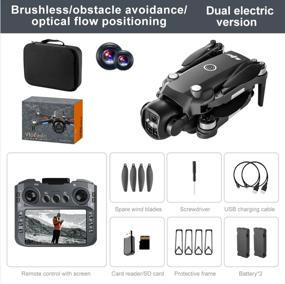 Black HD aerial photography drone with built-in screen and brushless motor on white background