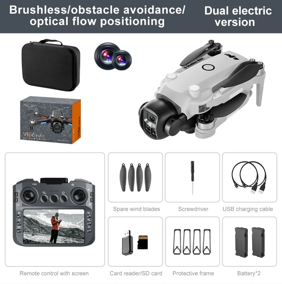 Black HD aerial photography drone with built-in screen and brushless motor on white background