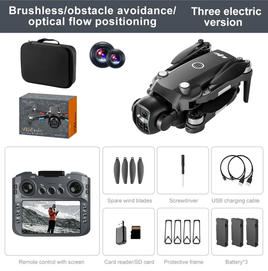 Black HD aerial photography drone with built-in screen and brushless motor on white background
