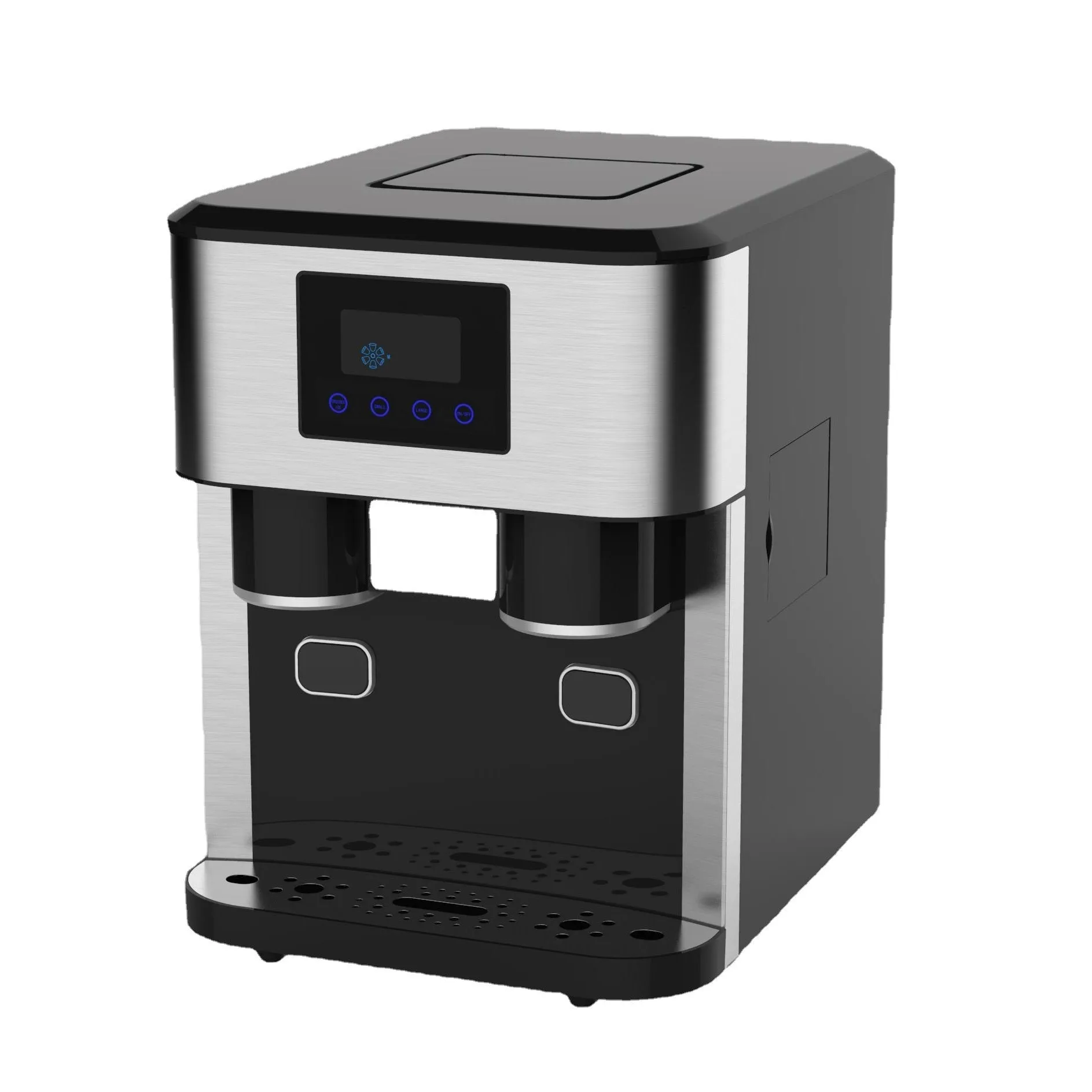 Black desktop ice maker machine with stainless steel interior on a kitchen countertop