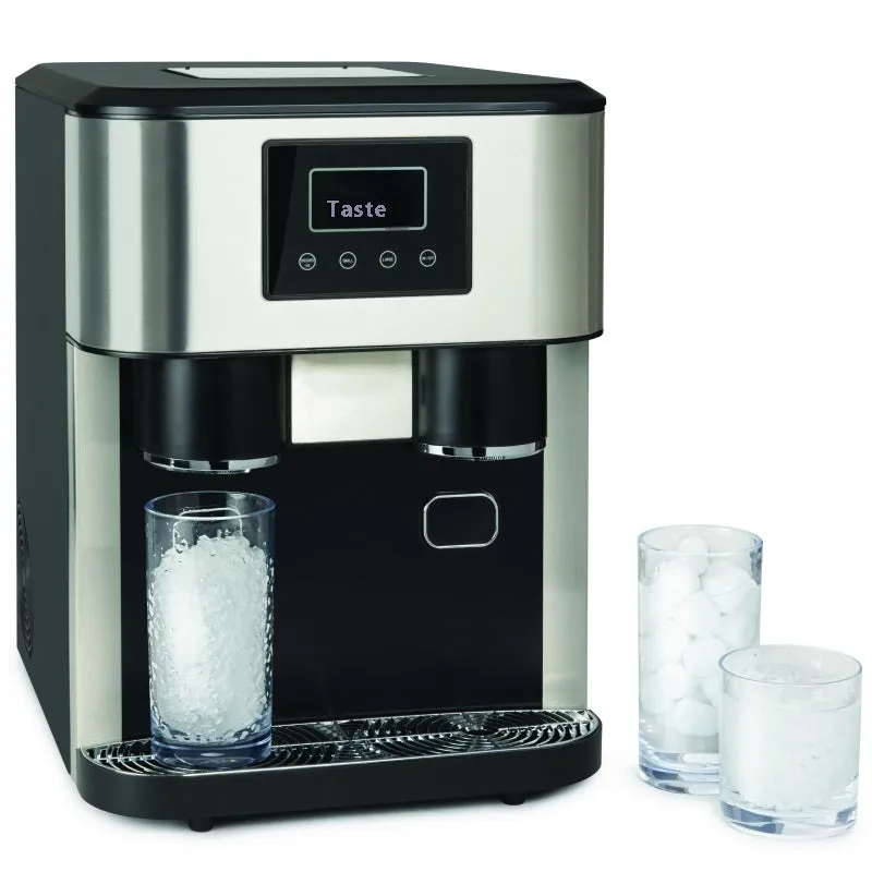 Black desktop ice maker machine with stainless steel interior on a kitchen countertop