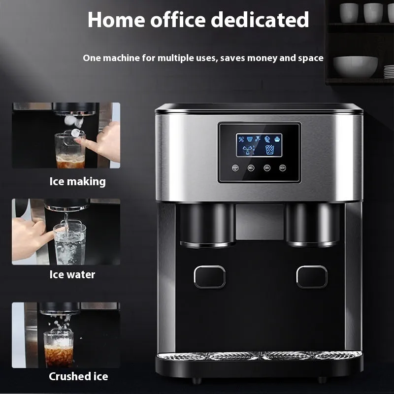 Black desktop ice maker machine with stainless steel interior on a kitchen countertop