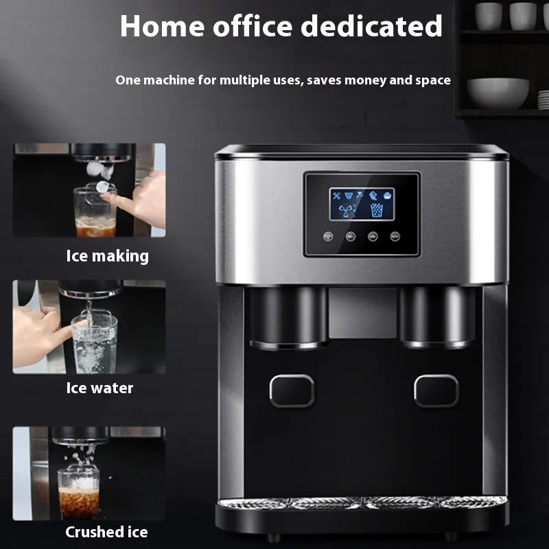 Black desktop ice maker machine with stainless steel interior on a kitchen countertop