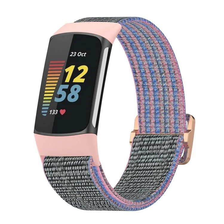 Elastic nylon woven canvas watch band for Fitbit Charge 5 or 6 in Seashell colour on a white background