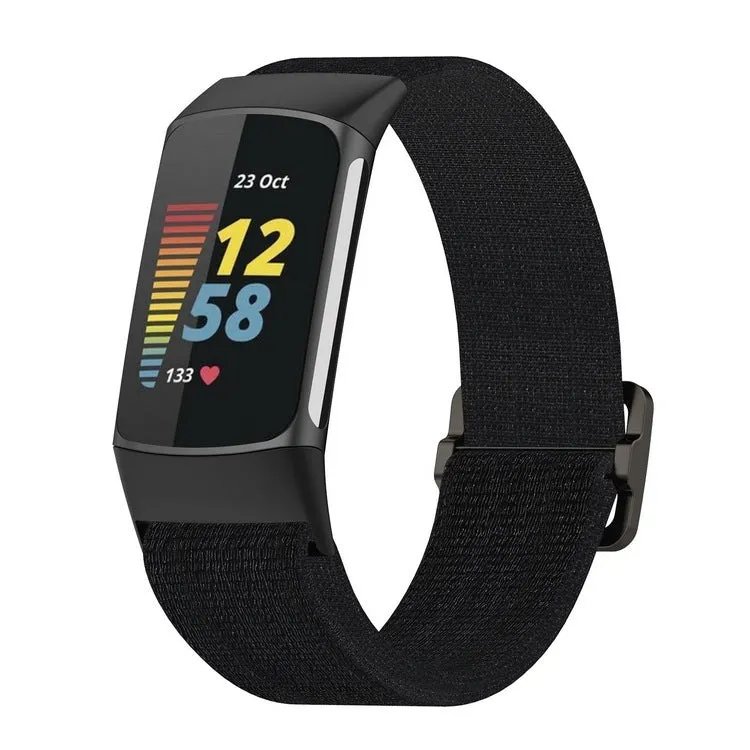 Elastic nylon woven canvas watch band for Fitbit Charge 5 or 6 in Seashell colour on a white background