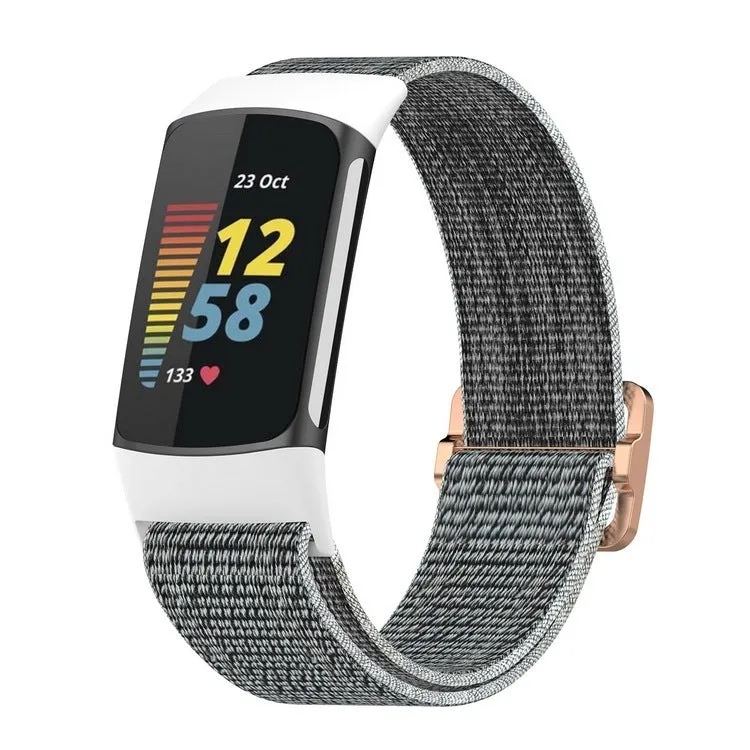 Elastic nylon woven canvas watch band for Fitbit Charge 5 or 6 in Seashell colour on a white background