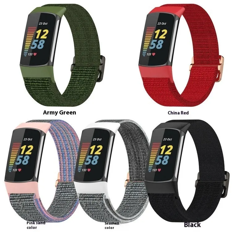 Elastic nylon woven canvas watch band for Fitbit Charge 5 or 6 in Seashell colour on a white background