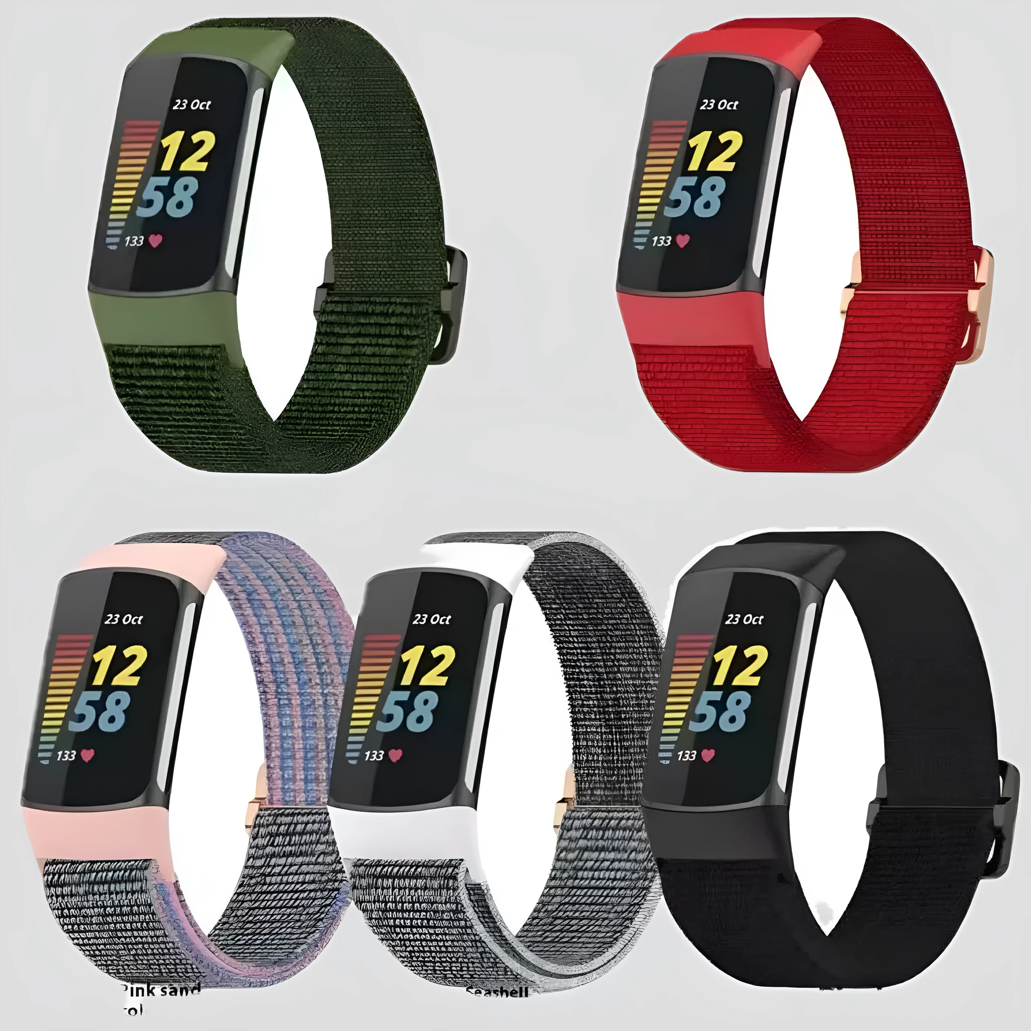 Elastic nylon woven canvas watch band for Fitbit Charge 5 or 6 in Seashell colour on a white background