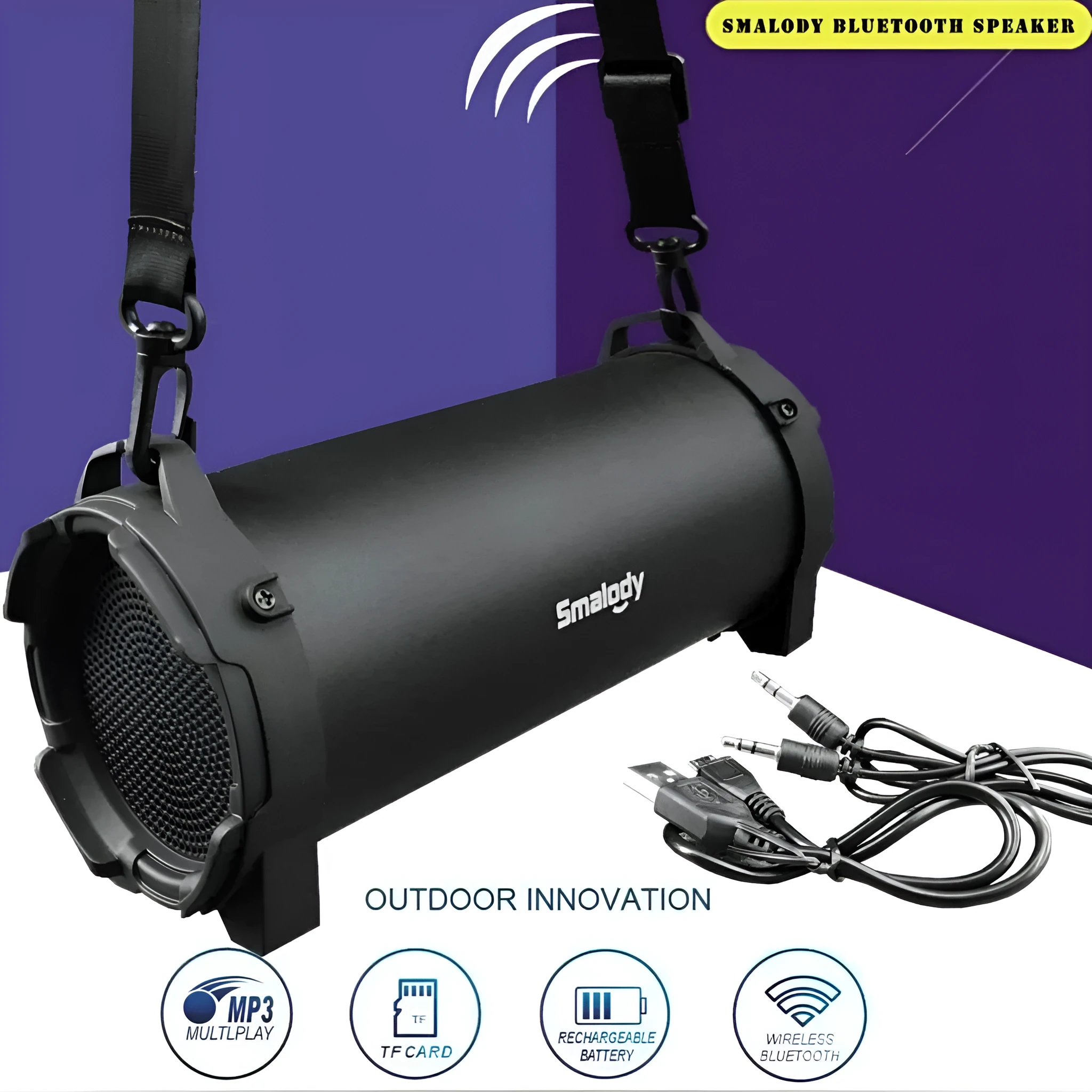 Black portable wireless Bluetooth speaker with suspenders for outdoor use