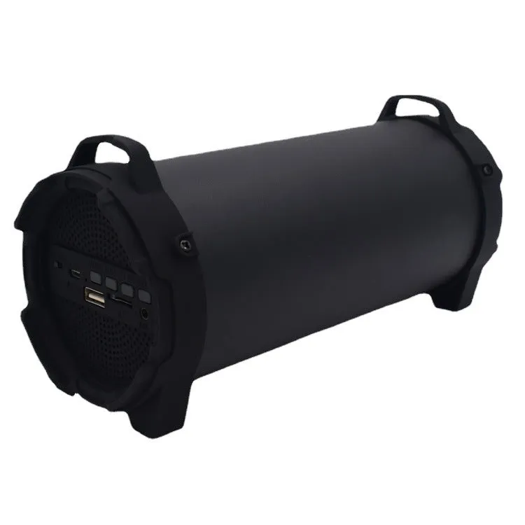 Black portable wireless Bluetooth speaker with suspenders for outdoor use