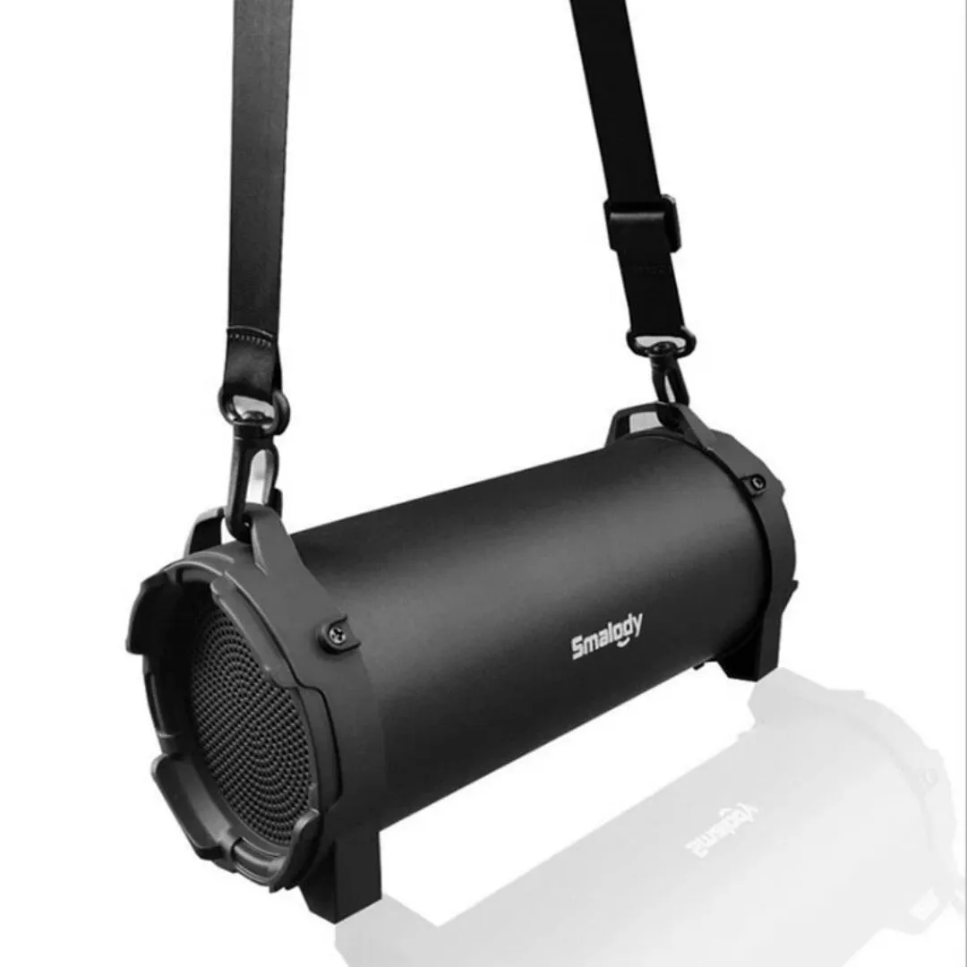 Black portable wireless Bluetooth speaker with suspenders for outdoor use