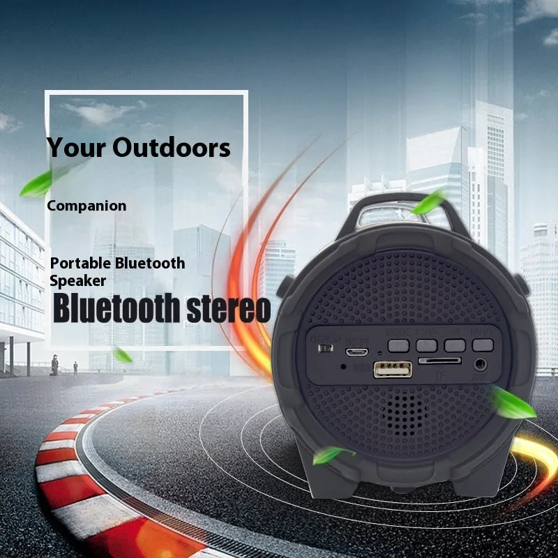 Black portable wireless Bluetooth speaker with suspenders for outdoor use
