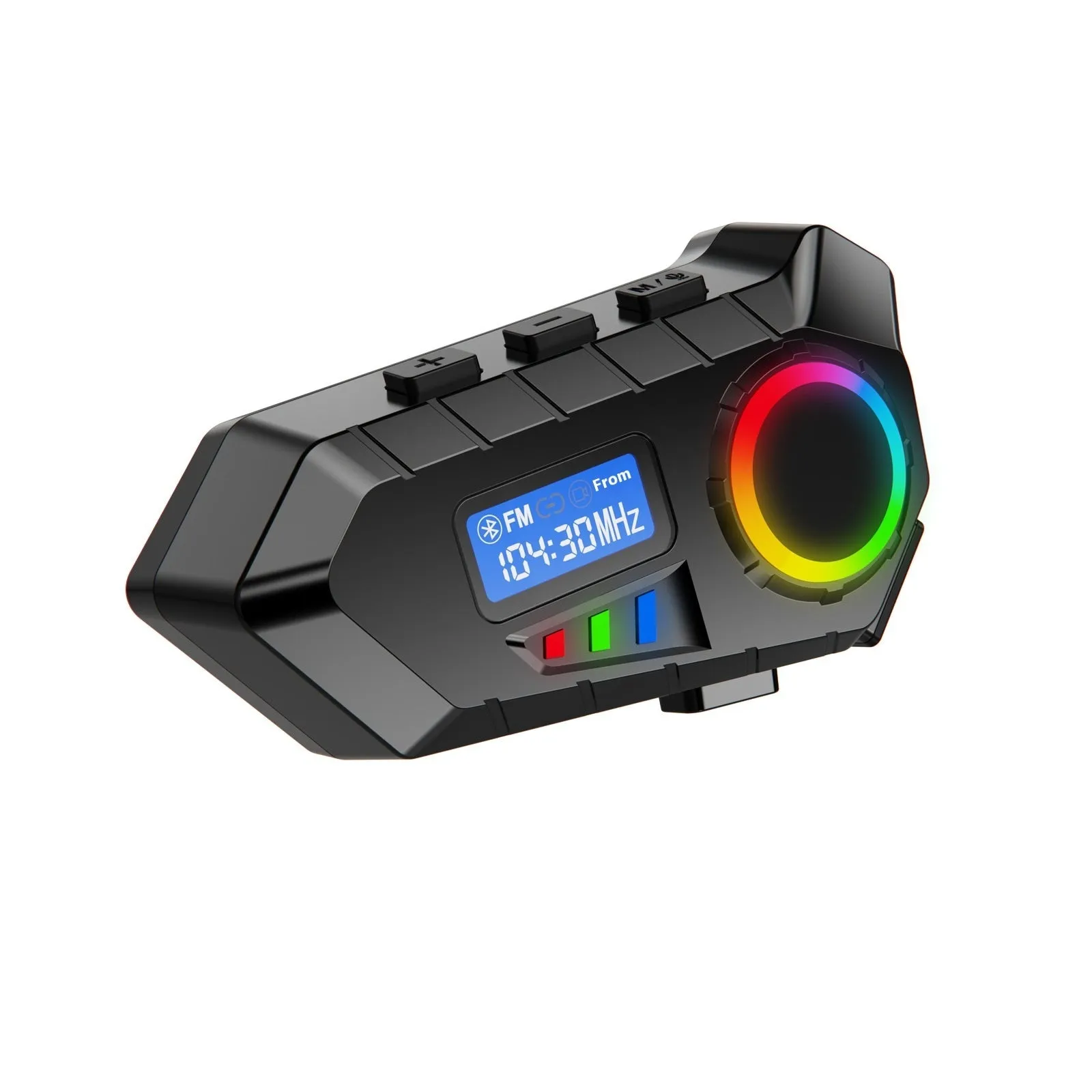 Motorcycle helmet Bluetooth headset with screen display in gray, showing battery and function status