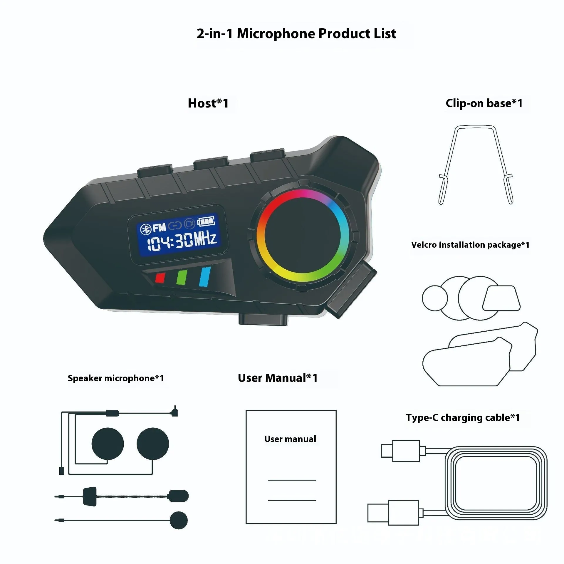 Motorcycle helmet Bluetooth headset with screen display in gray, showing battery and function status