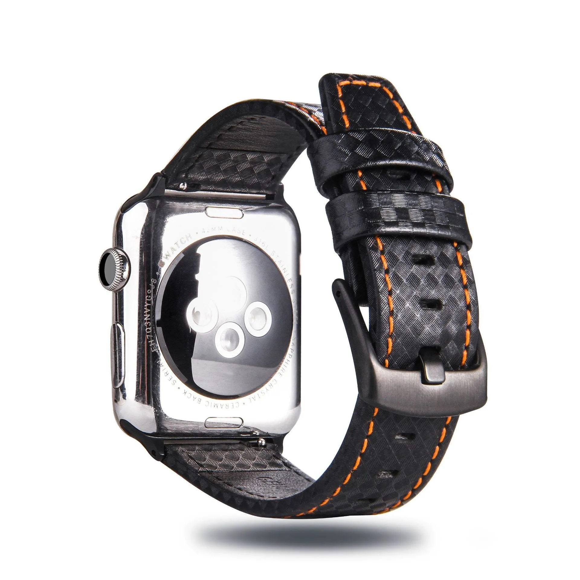 Leather and carbon fibre Apple Watch strap with red stitching next to a black PC case with carbon fibre pattern.