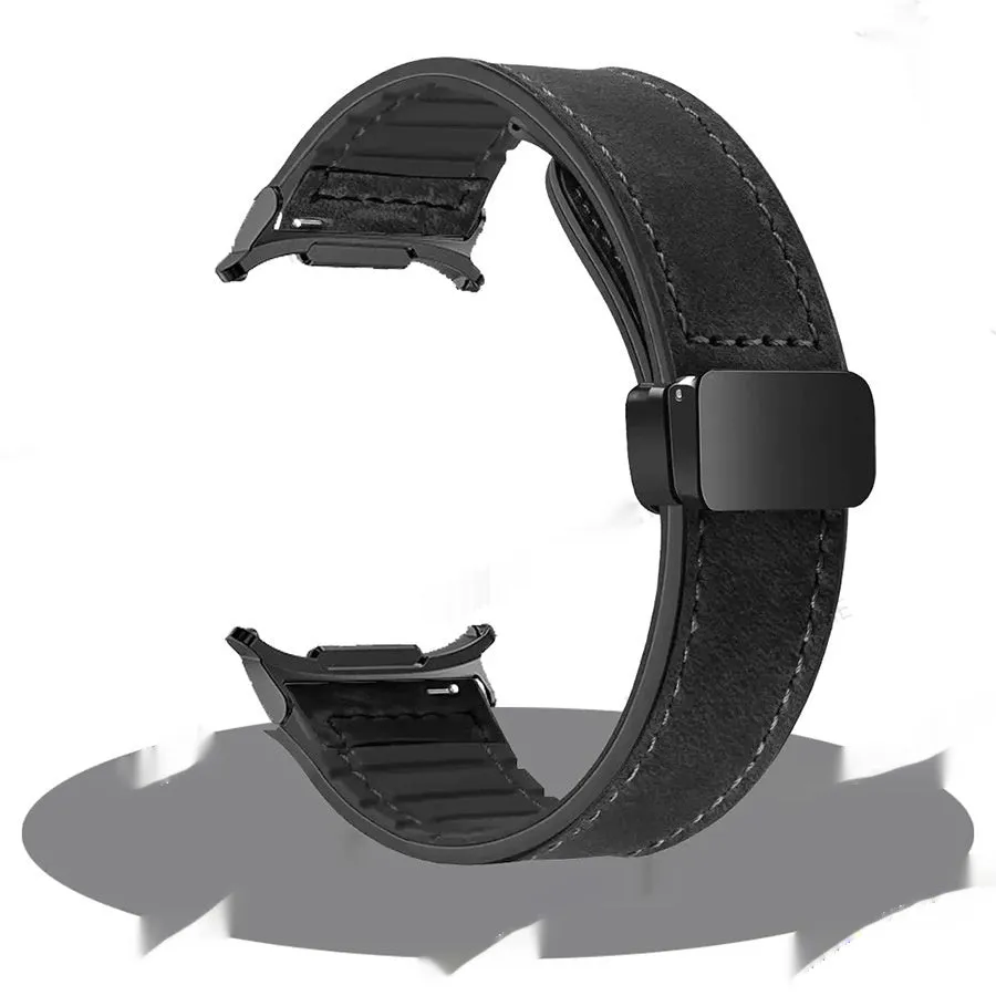 Galaxy Watch magnetic snap strap 22mm silicone leather men's punk style black band