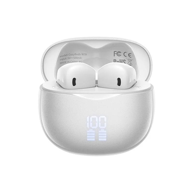 CozyBuds W39 wireless headset in Pearlescent White with earplug design and digital display