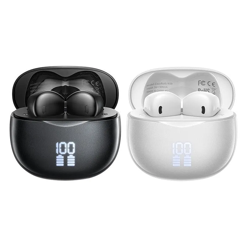 CozyBuds W39 wireless headset in Pearlescent White with earplug design and digital display