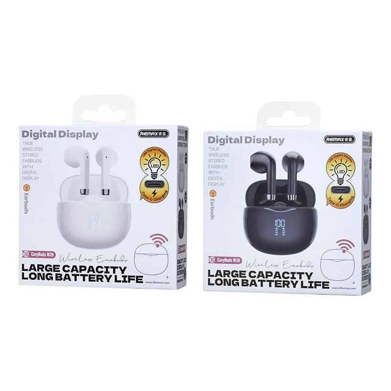 CozyBuds W39 wireless headset in Pearlescent White with earplug design and digital display