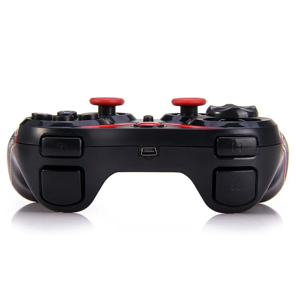 Black wireless Bluetooth game controller for Android and iOS mobile phones.