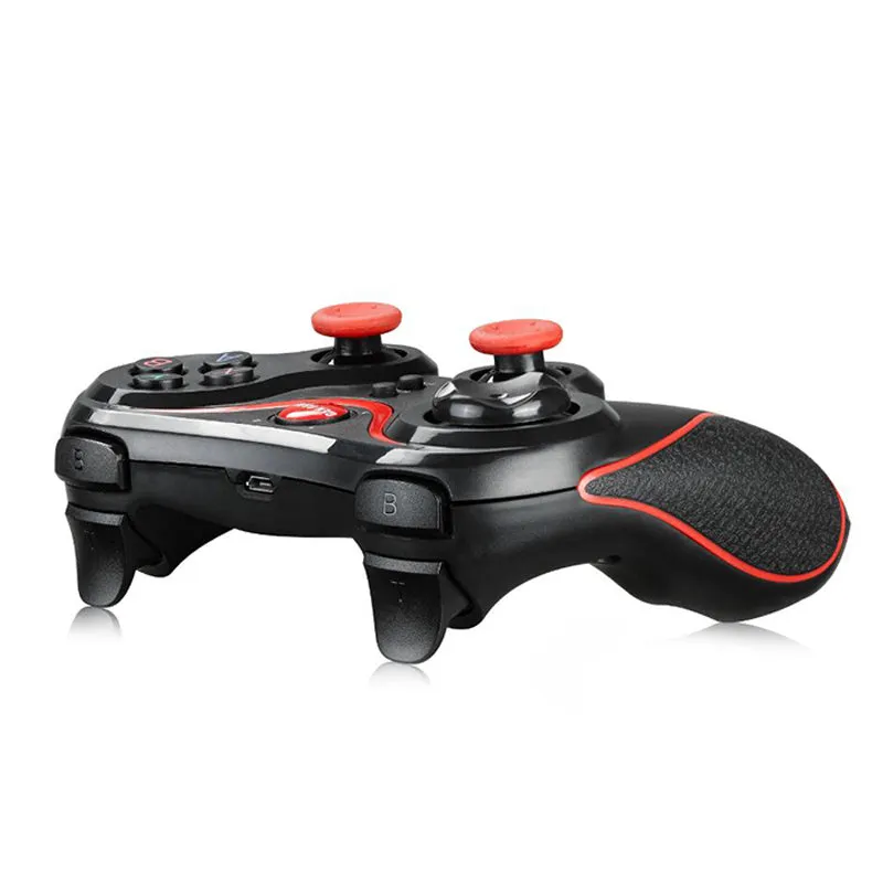 Black wireless Bluetooth game controller for Android and iOS mobile phones.