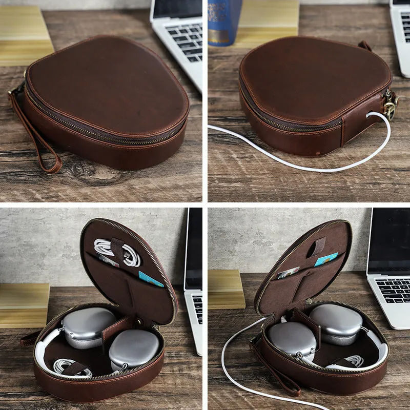 Brown genuine leather storage bag for Apple AirPods Max with lanyard on white background