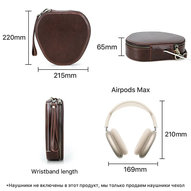 Brown genuine leather storage bag for Apple AirPods Max with lanyard on white background