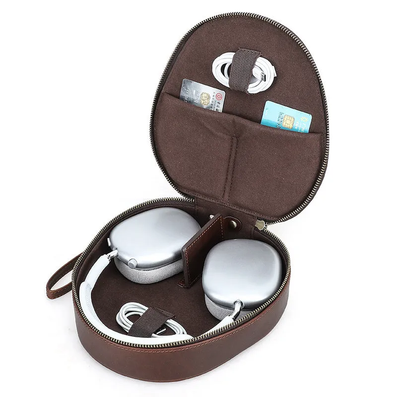 Brown genuine leather storage bag for Apple AirPods Max with lanyard on white background