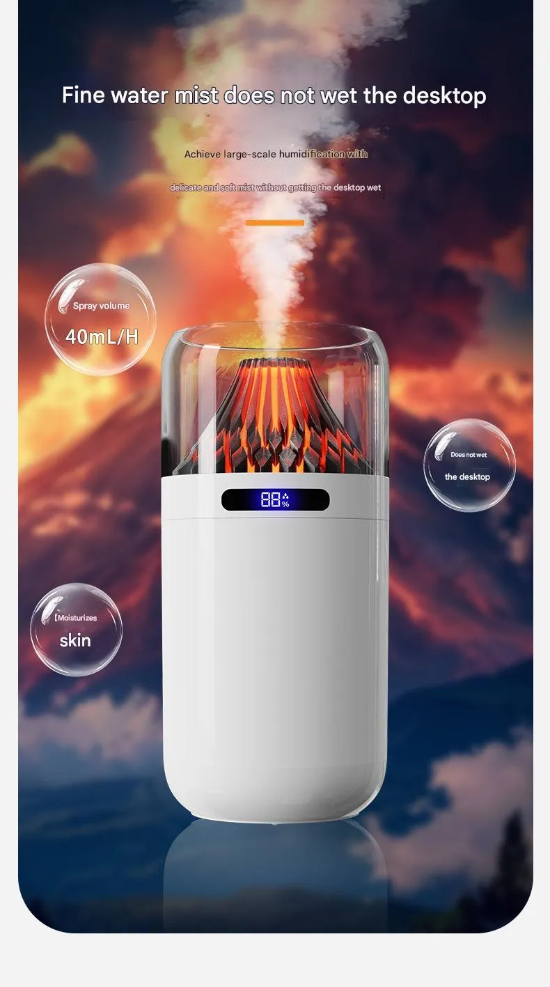 Volcano USB humidifier with digital display in black, compact size for car or desk use