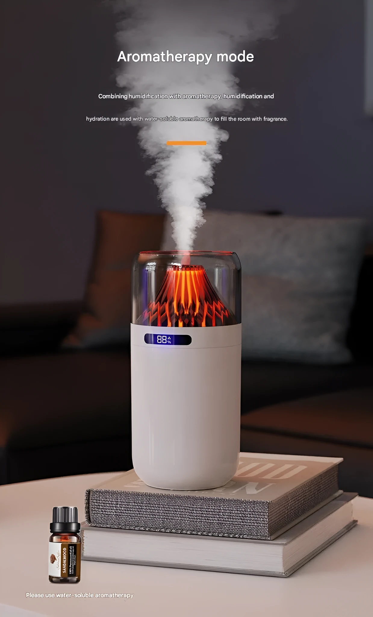 Volcano USB humidifier with digital display in black, compact size for car or desk use