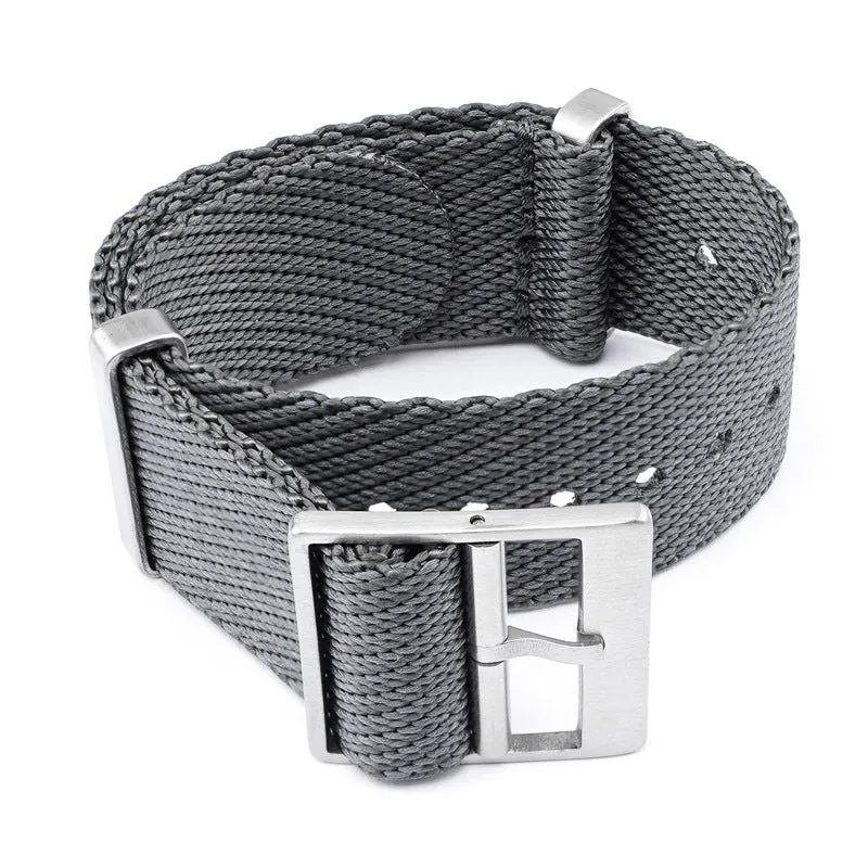 Nylon woven canvas watch strap with silver buckle in retro ethnic style, blue and white colour variant