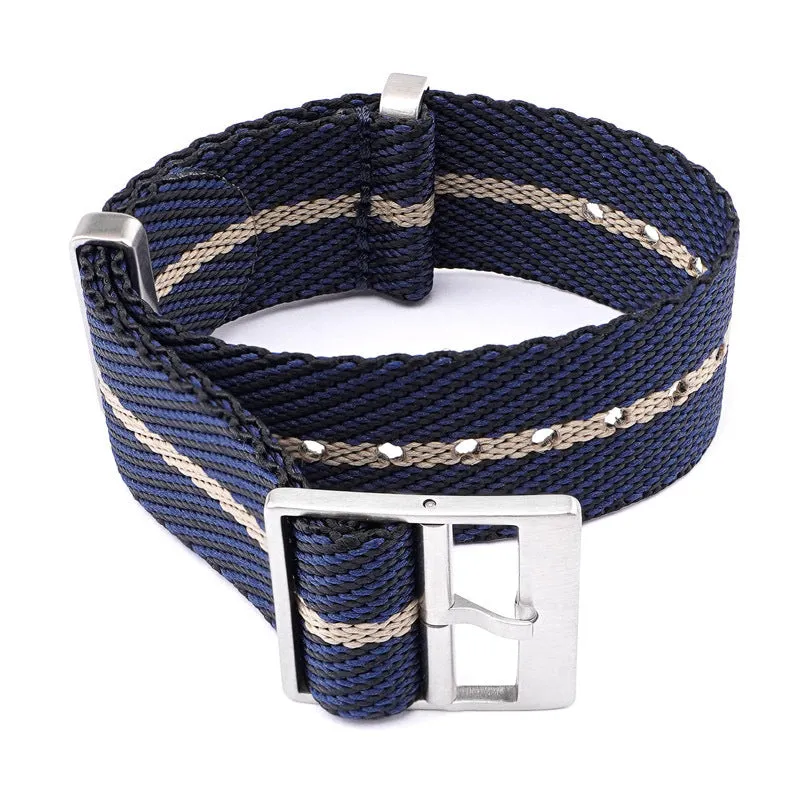 Nylon woven canvas watch strap with silver buckle in retro ethnic style, blue and white colour variant