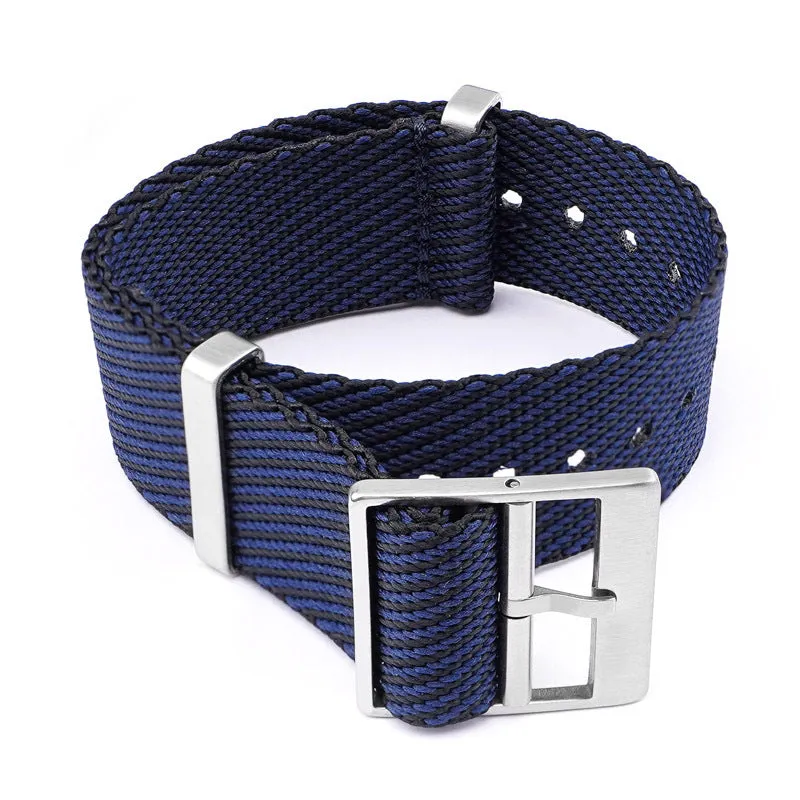 Nylon woven canvas watch strap with silver buckle in retro ethnic style, blue and white colour variant