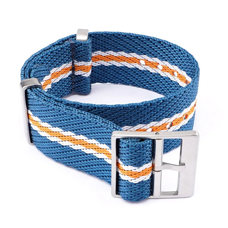 Nylon woven canvas watch strap with silver buckle in retro ethnic style, blue and white colour variant