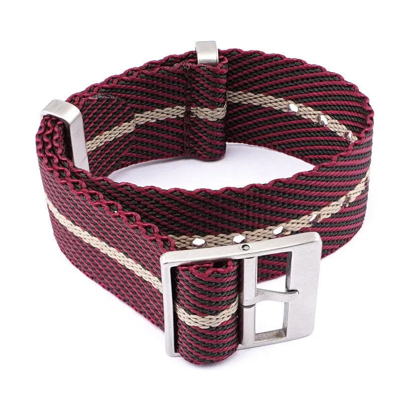 Nylon woven canvas watch strap with silver buckle in retro ethnic style, blue and white colour variant