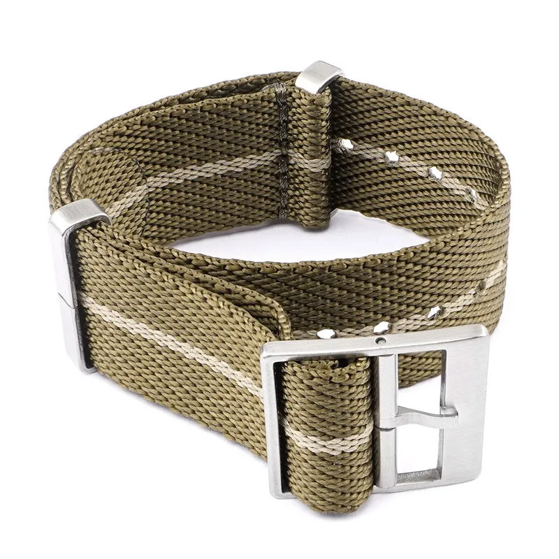 Nylon woven canvas watch strap with silver buckle in retro ethnic style, blue and white colour variant