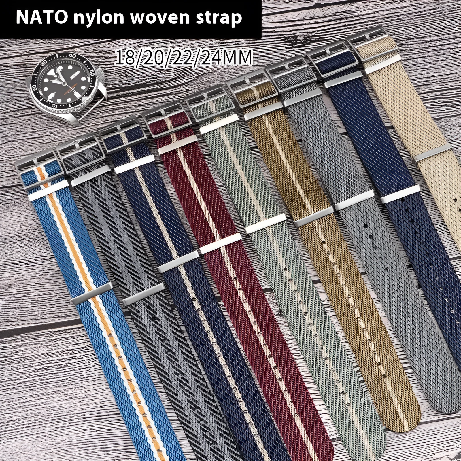Nylon woven canvas watch strap with silver buckle in retro ethnic style, blue and white colour variant