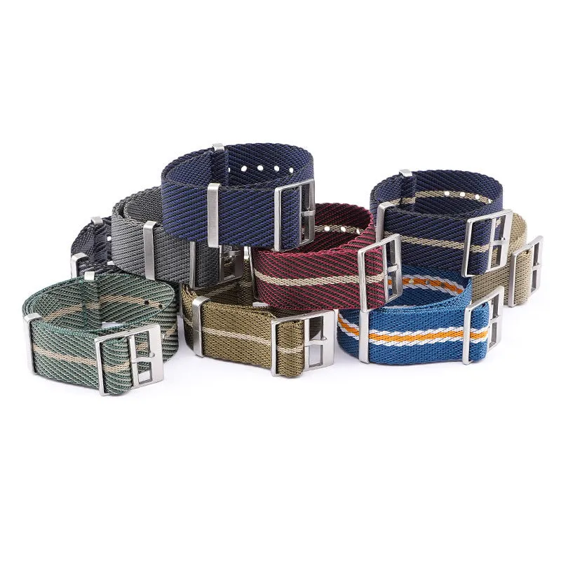 Nylon woven canvas watch strap with silver buckle in retro ethnic style, blue and white colour variant
