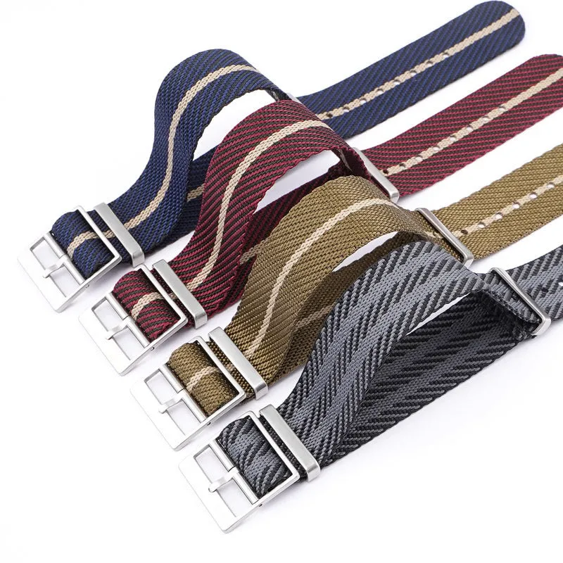 Nylon woven canvas watch strap with silver buckle in retro ethnic style, blue and white colour variant