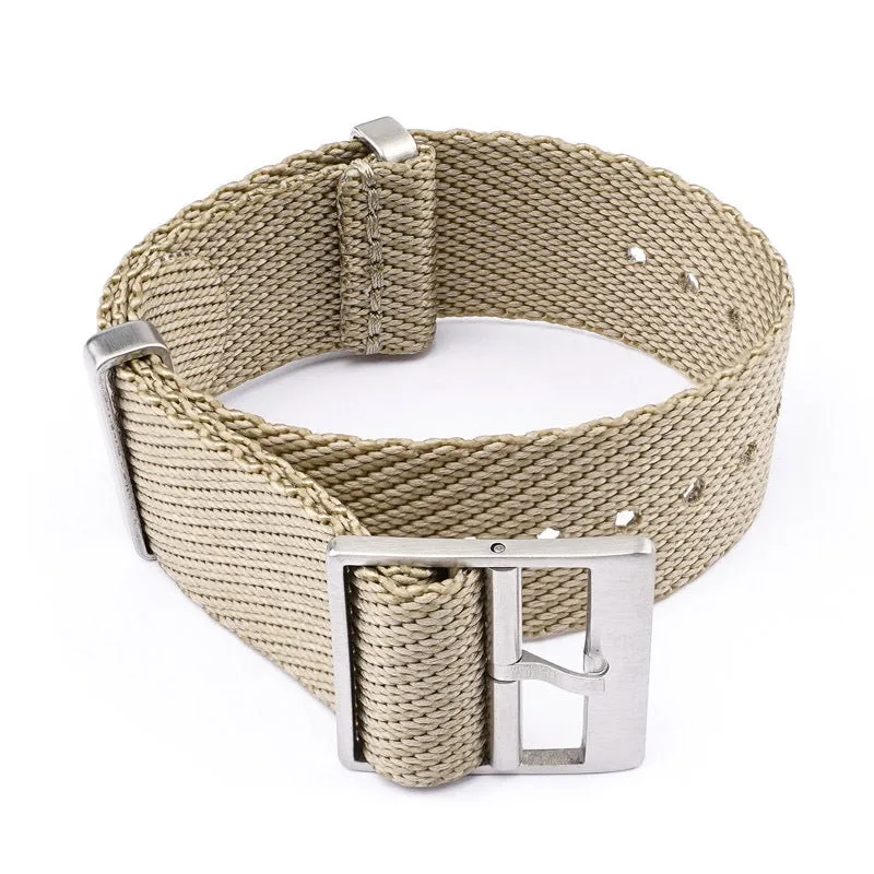 Nylon woven canvas watch strap with silver buckle in retro ethnic style, blue and white colour variant