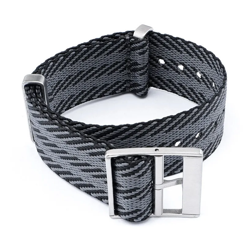 Nylon woven canvas watch strap with silver buckle in retro ethnic style, blue and white colour variant