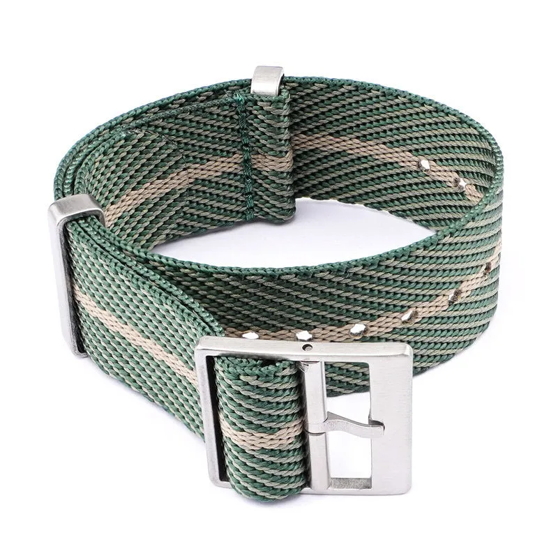 Nylon woven canvas watch strap with silver buckle in retro ethnic style, blue and white colour variant