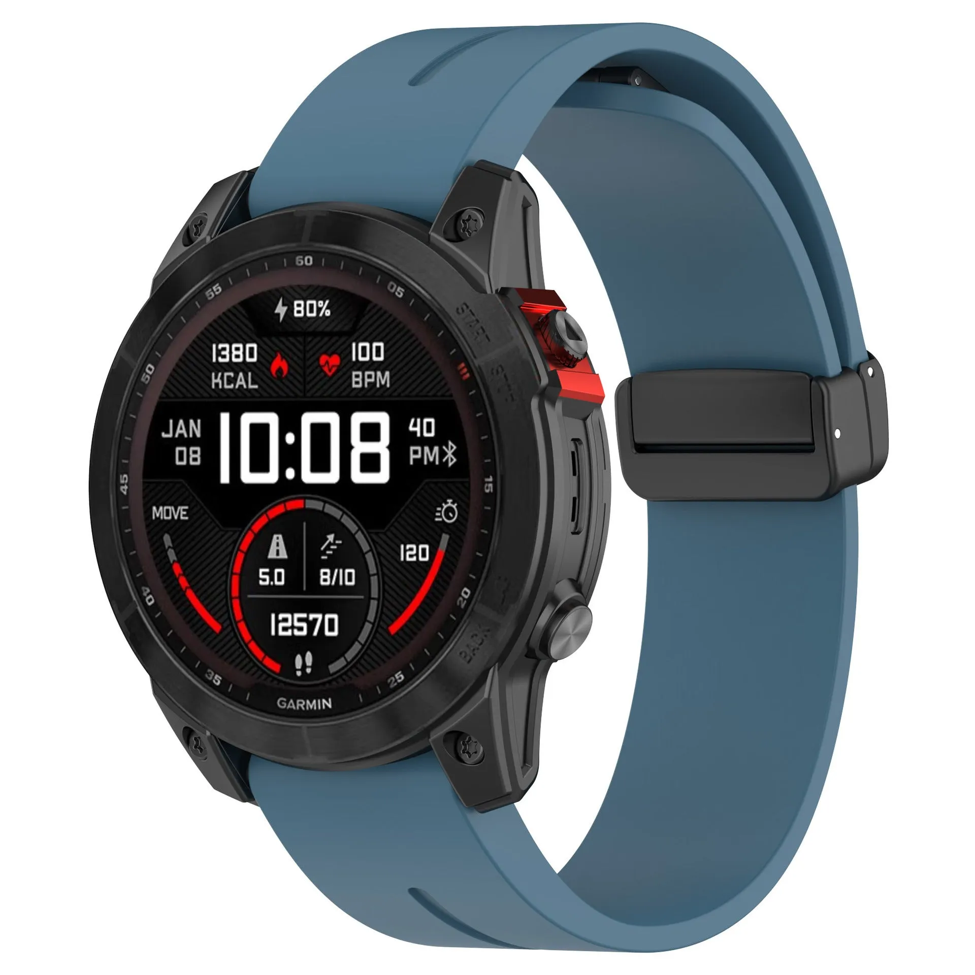 Silicone watch strap with magnetic folding buckle in black with black buttons for Garmin Fenix