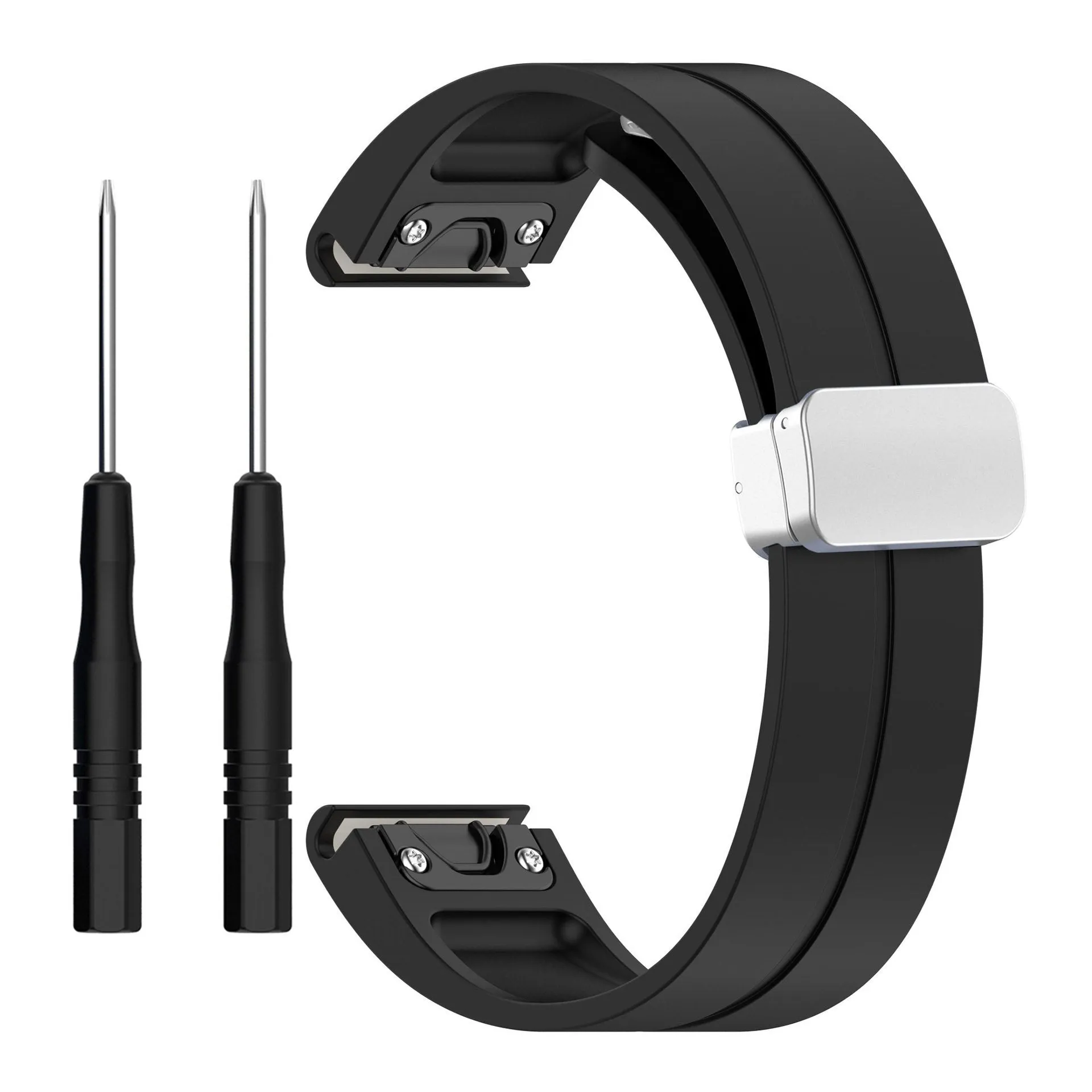 Silicone watch strap with magnetic folding buckle in black with black buttons for Garmin Fenix