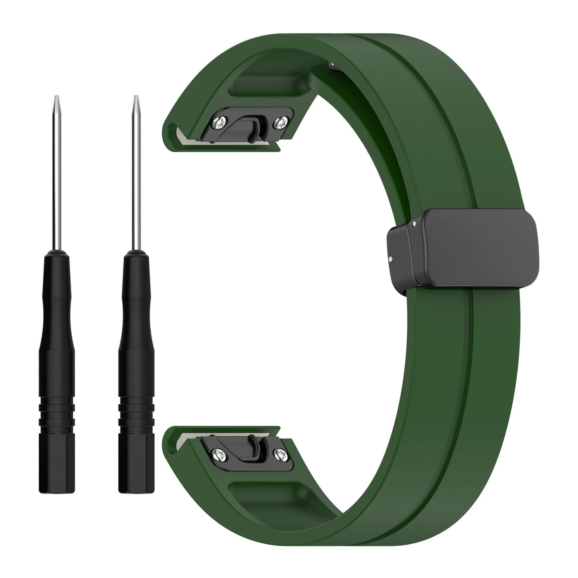 Silicone watch strap with magnetic folding buckle in black with black buttons for Garmin Fenix
