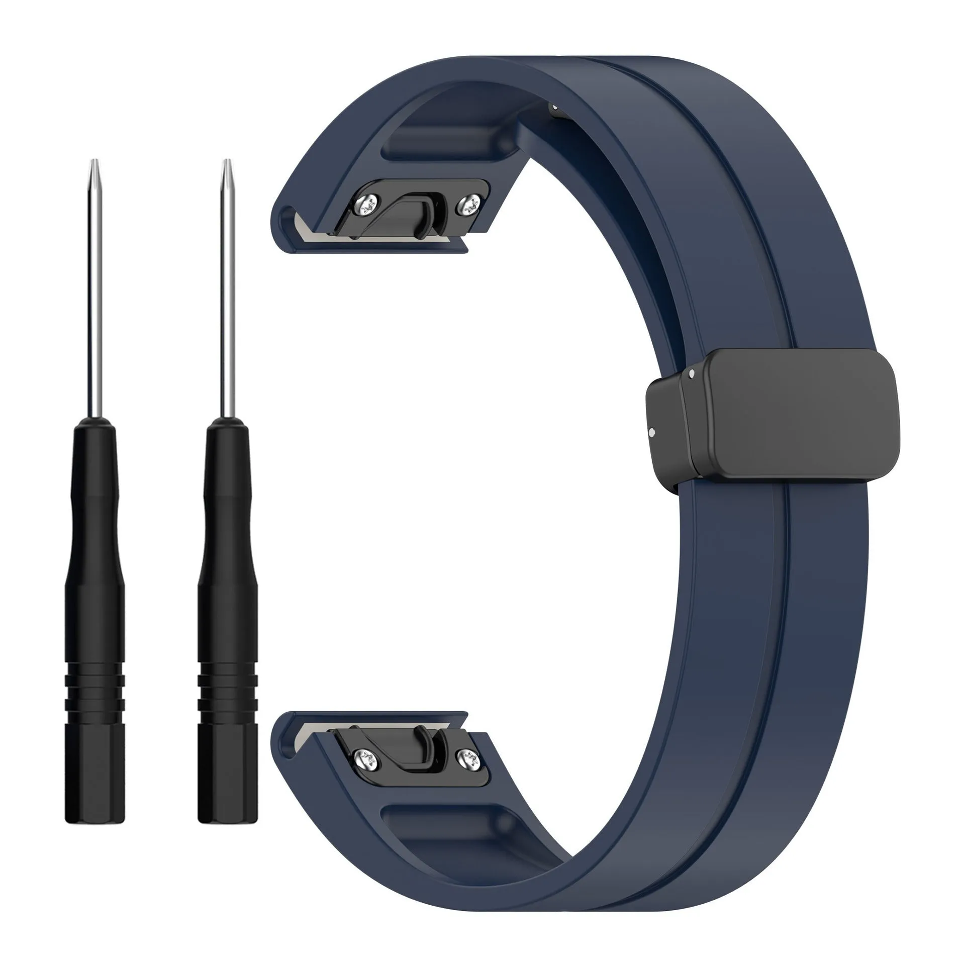 Silicone watch strap with magnetic folding buckle in black with black buttons for Garmin Fenix