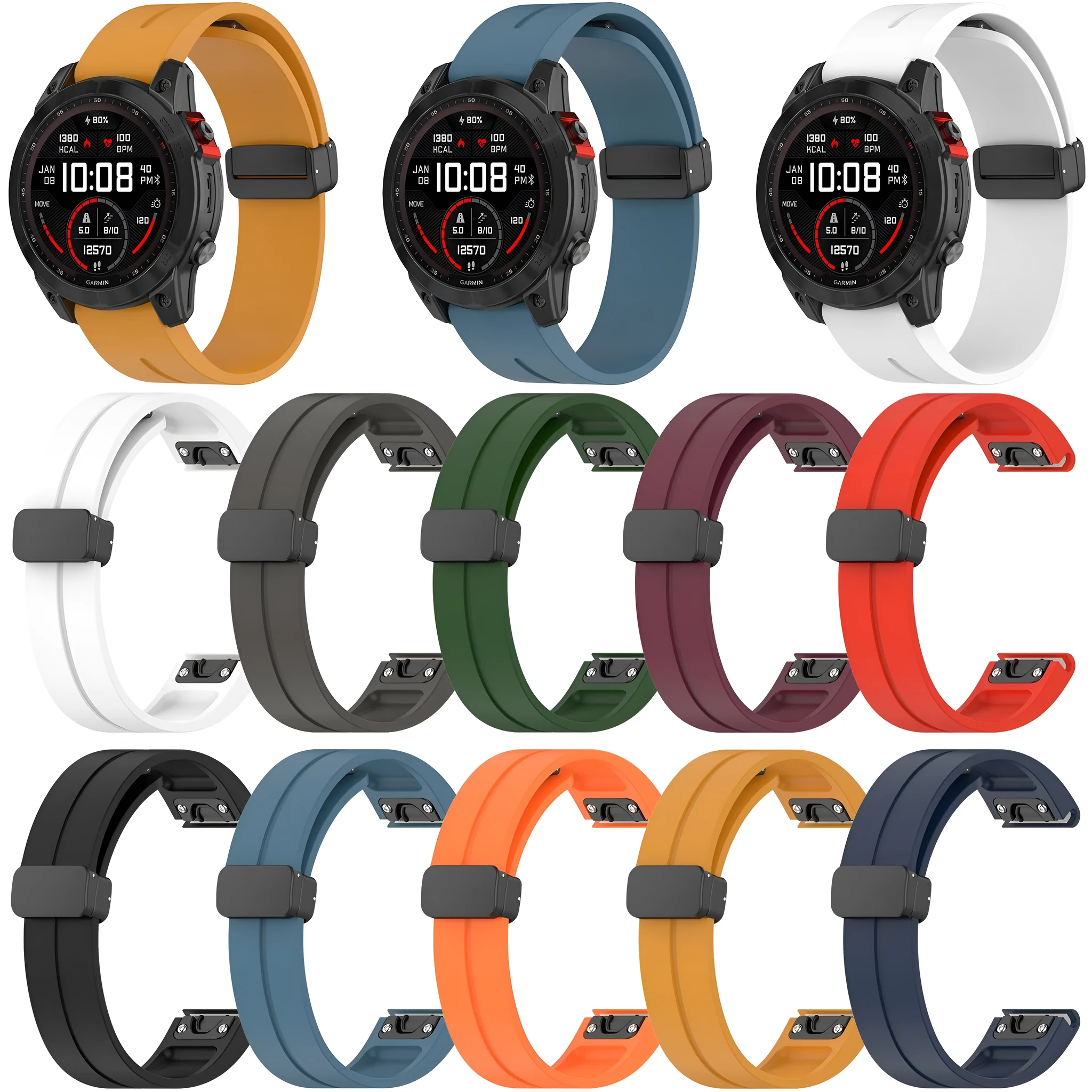 Silicone watch strap with magnetic folding buckle in black with black buttons for Garmin Fenix