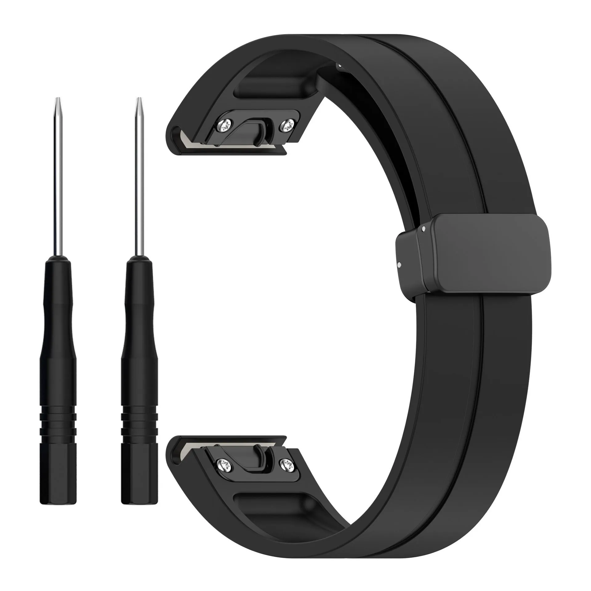 Silicone watch strap with magnetic folding buckle in black with black buttons for Garmin Fenix
